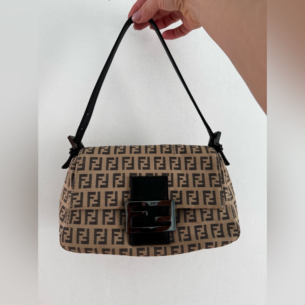Authentic FENDI Zucchino mama baguette Mini Tan and Black Shoulder Bag